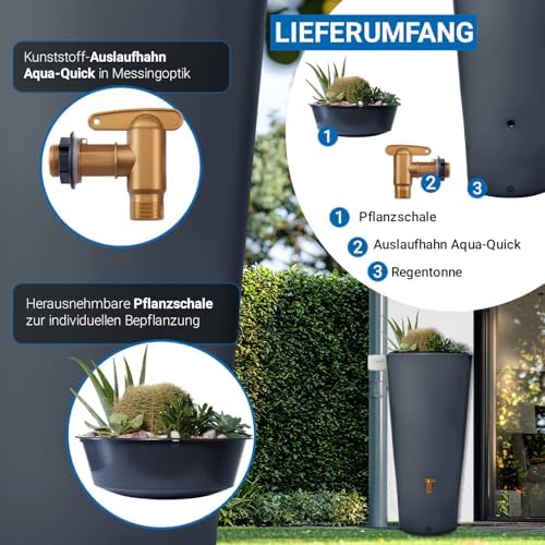 Bild 3 - 4rain Vaso 2in1 Regentonne 220 Liter Graphite Grey inkl. Pflanzschale - Regenfass, Regenwassersammler, Regenwassertonne, Regenwassertank, Wasserfass, Wassertonne, Wasserbehälter, Wassertank