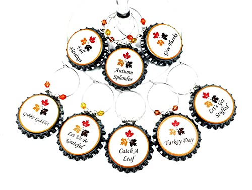 Thanksgiving Wine Charms, Thanksgiving Wine Charms For Wine Glasses, Fall Leaf Thanksgiving Glass Tags Identifiers For Turkey Dinner, Thanksgiving Bottle Cap Wine Charms - 8 Wine Charms #TOP6