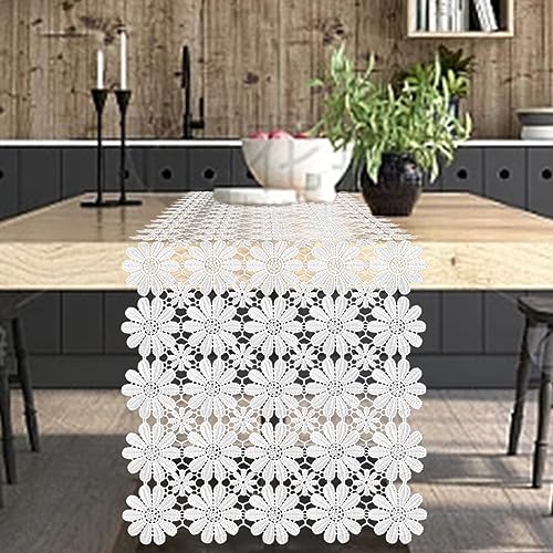VIJIV Macrame Table Runner 36 Inches Long for Boho Wedding Decor, White Crochet Doilies Dresser Scarf Lace Farmhouse Table Runner for Tea Party Dining Table Centerpiece Decor Coffee Table Decorations