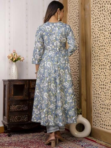 Image of PARTHVI Women's Printed Cotton Anarkali Kurta & Pant With Dupatta Set