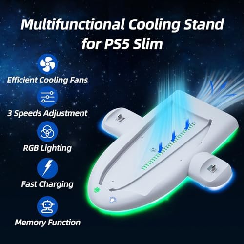 Mcbazel Stacja ładująca PS5 Tylko do Playstation 5 Slim, 3-Stopniowa Regulacja Podstawka Chłodząca z RGB PS5 Slim Stacja Ladująca z Dwoma Kontrolerami Funkcja Ustawiania Pamięci Stacji Dokującej