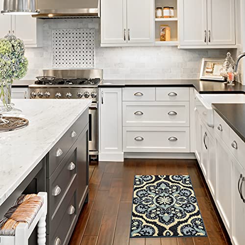 Maples Rugs Vivian Medallion Area Rug – Made in USA – Washable, Non-Slip Indoor Carpet for Kitchen, Entryway, and Living Room, 1'8 x 2'10, Persian Blue