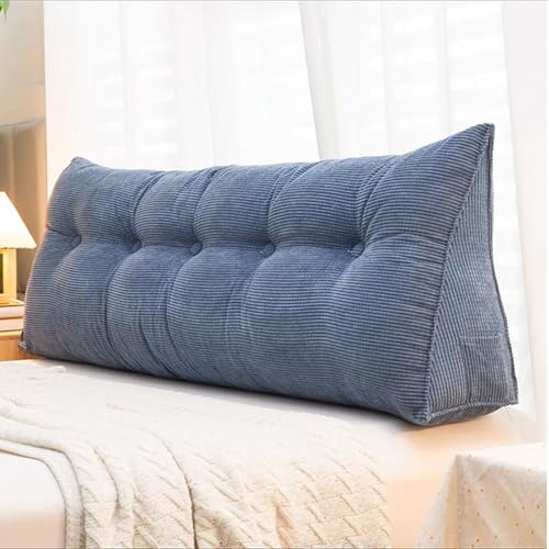 Almohada triangular azul para reposacabezas con funda extraíble, cojín de lectura definitivo y soporte de espalda para sofá, mesita de noche, rollo cómodo (100 x 50 x 20 cm)