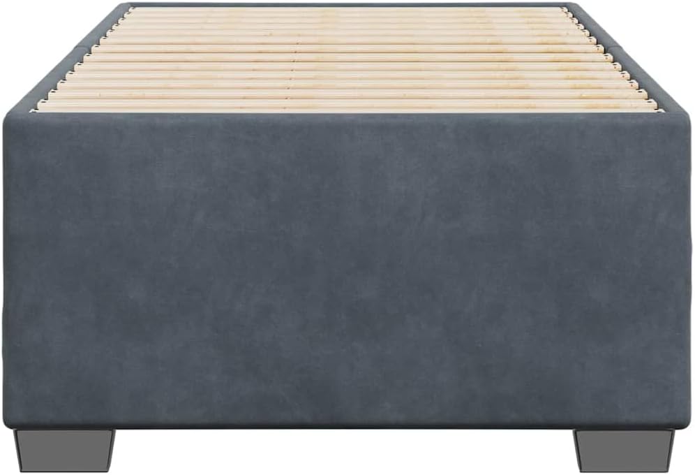 Twin Bed Frame Dark Gray Velvet 100% Polyester with Plywood Engineered Wood Slatted Platform Foundation for Bedroom Modern Minimalist Mattress Support Durable Sturdy Furniture