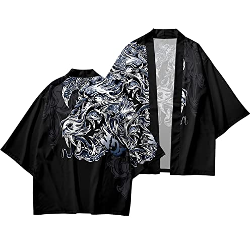 Image of DOSLAVIDA Men's Japanese Kimono Jacket Set Stylish Open Front Coat With Shorts Chinese Style Printed Cardigan Suit