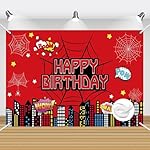 Superhero City Birthday Party Backdrop Banner, 59.1 x 39.4 inches, Red Comic Design with Spider Webs, Includes 32ft Ribbon