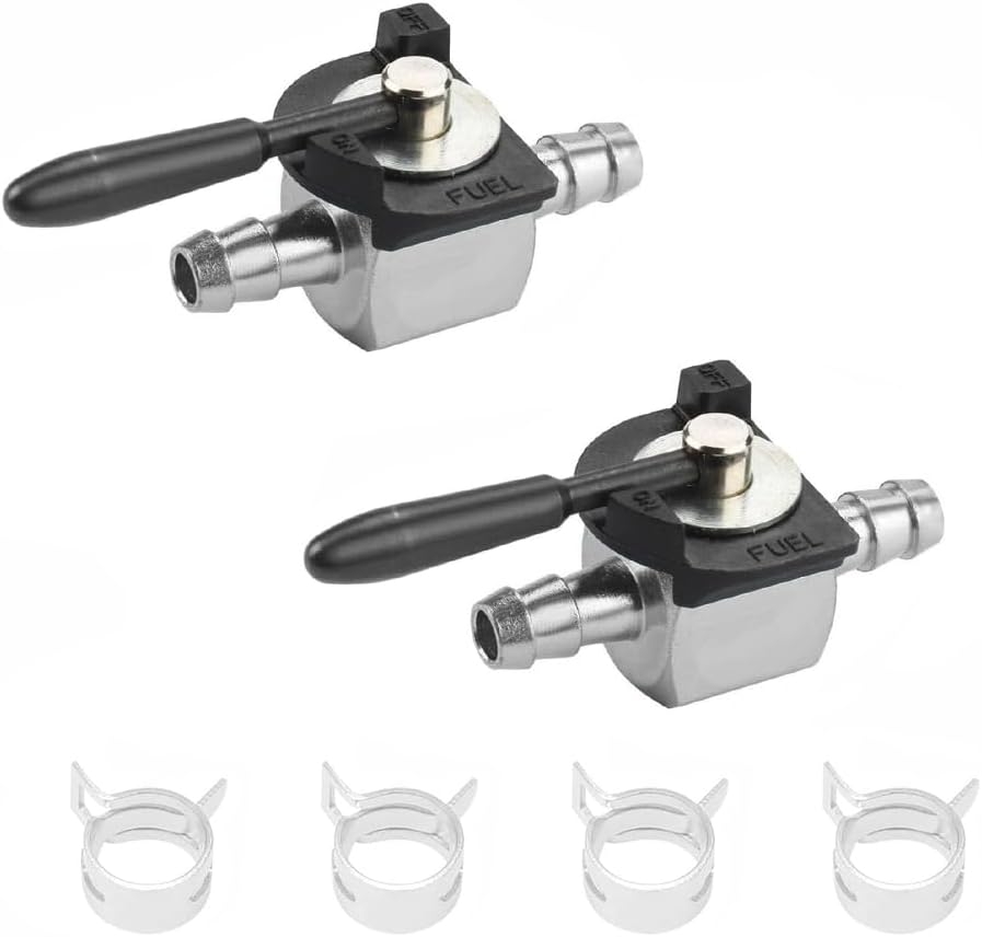 TOP-MAX 2PCS Heavy Duty Fuel Shut Off Valve, 1/4" (6mm) Metal Fuel Cut Off Valve with Hose Clips, 180 Degree Turn Stop Cock for Ride-on Mower, Generator & Tractor
