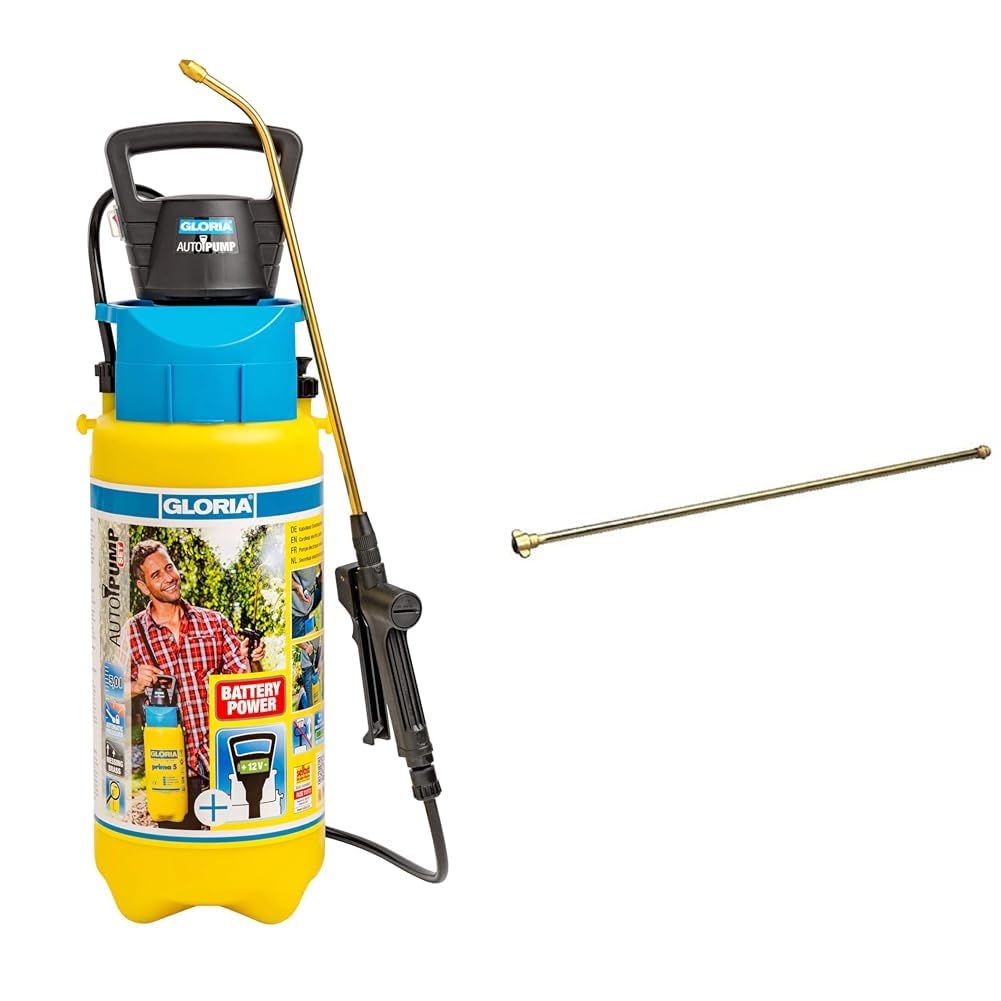 Gloria Drucksprüher AutoPump Set | Gartenspritze | 5 L Füllinhalt | Sprühgerät mit Batterie-/Akku-Betrieb & Messing-Verlangerungsrohr 50 cm Typ 000124.0000