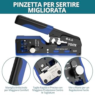 YGiTK Pinza Crimpatrice RJ45 CAT7 Professionale con 50 Connettori Schermati, Testatore Ricaricabile e Design Foro Passante - Kit Completo per Cavi Ethernet 10Gbps, Scatola Portatile Inclusa