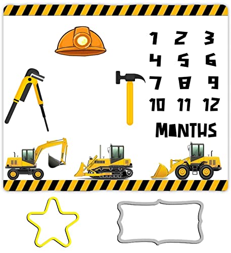 Image of BTXFME25 Construction Vehicle Baby Milestone Blanket, 48x40in Hard Hat Tool Hammer, Soft Flannel for Nursery, Newborn Gift, Baby Shower