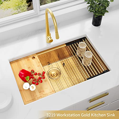 Lqs 32 Inch Undermount Kitchen Sink, Gold Kitchen Sink, 32” X 19” Workstation Kitchen Sink Undermount, 16 Gauge Stainless Steel Kitchen Sink, Handmade Deep Single Bowl Kitchen Sink With Accessories #TOP2