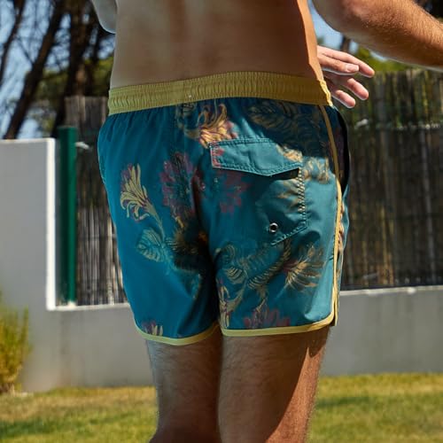 maamgic Badehose Herren Kurz 70s 80s 90s Vintage Badeshorts für Männer Schnelltrocknende Schwimmhose Retro mit Meshfutter und Verstellbar Tunnelzug Gelb Dunkelgrün L 4