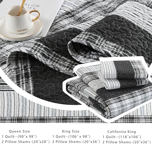 Image of Homzard 100% Cotton Quilt Set,California King 118'' x 106'' Oversized Bedspread Set with 2 Pillow Shams, Black Plaid Striped Oversized Comforter Set, 3 Pieces Farmhouse Coverlet | Breathable