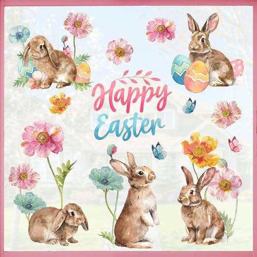 Mfault 168 PCS Happy Easter Bunny Window Clings 4 Sheets, Rabbit Chick Eggs Poppy Flower Wall Stickers Decal Decorations, Spring Chicken Floral Butterfly Living Room Home Kitchen Decor