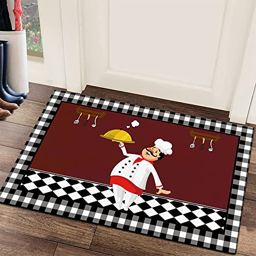 Non-Slip Rubber Backing Area Rug Soft Floor Carpet Cartoon Fat Chef Food Utensils Non-Shedding Bedroom Living Room Accent Rugs Dark Maroon Buffalo Grid Absorbent Indoor Kitchen Runner Rugs 24X36In #TOP5