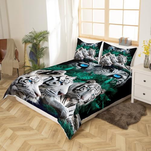Loussiesd Tiger Duvet Cover Wild Animal Bedding Set For Kids Adults Safari Cats Comforter Cover Set Soft Wildlife White Tiger Bedding & Linen Double Size Zipper - Image 2