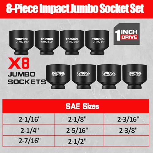 Image of TONYNOL 1 Inch Drive Impact Jumbo Socket Set,6-Point,SAE(2-1 /16 inch to 2-1 /2 inch),8 Pcs,Cr-MO Steel,With a Storage Case