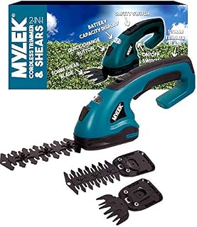 MYLEK 2-in-1 Li-ion Cordless Hedge Trimmer & Grass Shears with 2 Blades, Quick Change Button, Safety Switch & Battery Capacity Display