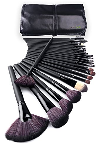 pureGLO 24pcs Professional Makeup Brush Set | Cosmetic Foundation Face Powder Blush Eyeliner Brushes Kit with Premium Synthetic Hair | Bandage Faux Leather Case-Black
