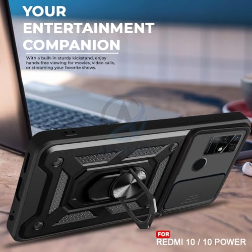 Image of AESTMO Tough Armor Redmi 10 /10 Power Bumper Back Case Cover | Ring Holder & Sliding Camera Shield Cover | 360 Degree Protection Back Case Cover for Redmi 10 /10 Power (Black)