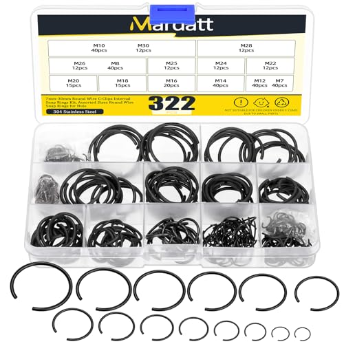 Mardatt 322 Stück 14 Größen 7mm bis 30mm Runddraht C-Clips Interne Sprengringe Sortiment Kit, Runddraht Sprengringe Halteringe für Loch, M7 M8 M10 M12 M14 M16 M18 M20 M22 M24 M25 M26 M28 M30