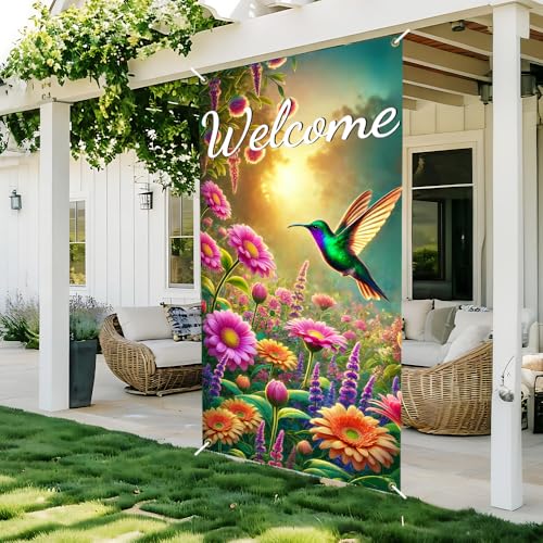 Image of Welcome Hummingbird Door Cover 35x71in Floral Garden