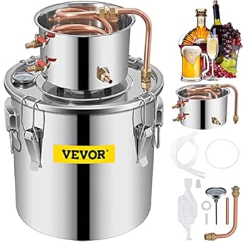 VEVOR Alcohol Still 5Gal/20L Alcohol Distiller Stainless Steel Distillery Kit for Alcohol with Copper Tube Home Brewing Kit Build-in Thermometer for DIY Whisky Wine Brandy