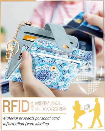 Image of Bistup Small Card Wallet for Women with Keychain, Blue Flowers | Clear ID Window, Compact Design for Daily Carry, Durable Material, Sturdy Keychain, Aesthetic