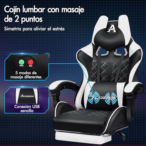 Miniatura 4 de Alfordson Silla Gaming Con Masaje, Reposapiés Y Soporte Lumbar, Reclinable 150 , Respaldo Alto Para Gaming Y Oficina, Capacidad De 180 Kg, Cuero Sintético, Blanco