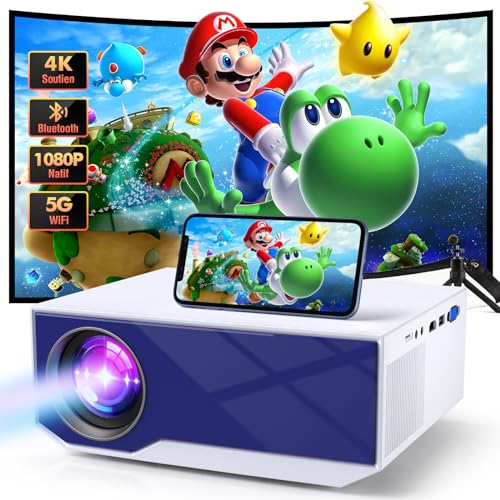 Mini projecteur Wielio avec Bluetooth et WiFi, résolution 1080P, luminosité de 18000 lumens, Affichage HD sans décalage, Compatible avec PS5 et Switch
