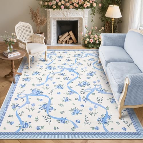 GarveeHome Floral Bow Rugs for Bedroom Girls, 5x7 Area Rugs for Living Room with Soft Low Pile, Non Slip Blue and White Washable Rug 5x7 for Nursery Kids Playroom Dining Room College Dorm Rug