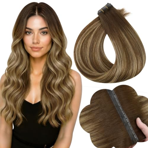 Image of Full Shine Butterfly Weft Hair Extensions Human Hair 20 Inch 50G | Mocha Brown with Golden Blonde Highlights, Seamless Micro Beads Weft, Silky Straight One Piece, Natural Fit Solution