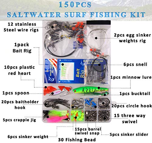 150Pcs Saltwater Fishing Lures Surf Fishing Tackle Kit - Fishing Bait Rigs, Fishing Circle Hooks, Fishing Swivel Snaps, Hard Bait Minnow, Bucktail Jig, Metal Spoon, Sinker Weight, Various Accessories #TOP4