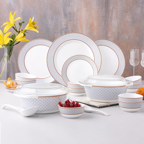Image of Larah by Borosil 37pc Opalware Kosmia Dinner Set for Family of 6 | Microwave & Dishwasher Safe Crockery Set for Dining & Gifting | Plates & Bowls