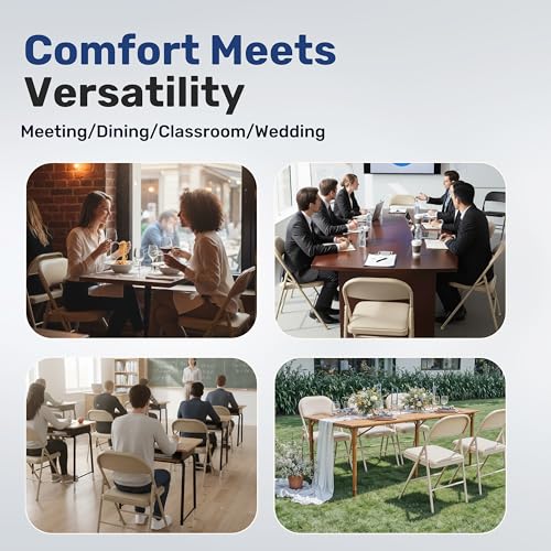 Image of Simple Deluxe Dining Chairs Set of 4, Leather Cushion Foldable Contemporary Kitchen Side Chair with Padded Back & Sturdy Metal Legs, Upholstered Seat for Home /Living Room /Bedroom /Cafe, Tan