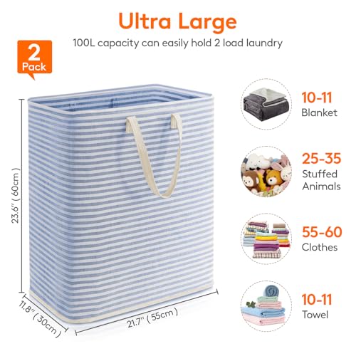 Image of Lifewit 2 Pack Laundry Basket 100L Each, Collapsible Clothes Hamper with Reinforced Handles, Freestanding Waterproof Design for Bedroom and Laundry Room, Pink&Blue 200L Total