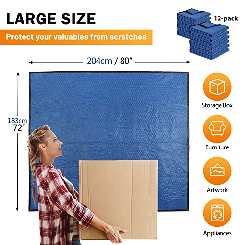 Image of 12 Moving Packing Blankets 80 x 72 Inches (35 lb /dz) Heavy Duty Moving Pads for Protecting Furniture Professional Quilted Shipping Furniture Pads (Blue 48PCS)