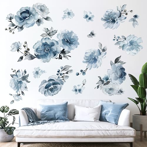 decalmile Large Blue Flower Wall Decals Watercolor Floral Blue Peony Wall Stickers Bedroom Living Room Sofa TV Background Wall Decor