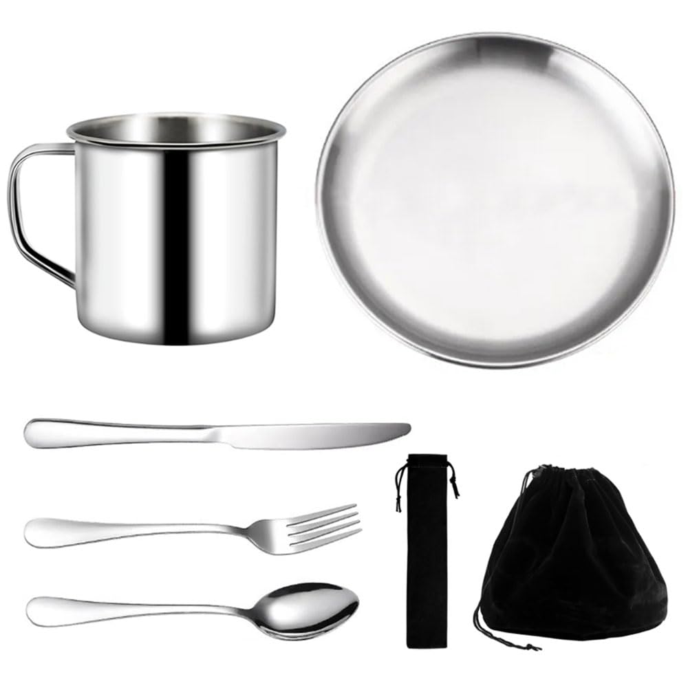 Camping Cooking Set - Camping Cutlery Set for 1, Camping Utensils Set 7 Pieces, Cup, Plate and Stainless Steel Cutlery with Black Bag, Camping Essentials Accessories for Outdoor Activities