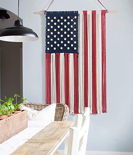 FLBER OUTLET Makramee-Wandbehang, amerikanische Flagge, Boho, patriotische Dekoration, Gedenktag, 4. Juli, Wandkunst, Heimdekoration, 65 x 94 cm Cover