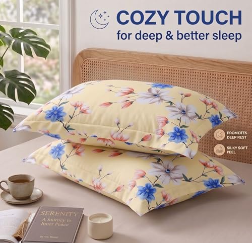Image of VAS COLLECTIONS Cotton Pillow Cover Set of 2 (17x27 Inches) | Ultra Soft Breathable Pillow Cases for Bed | Skin Friendly, Fade Resistant & Comfortable Pillow Covers for Bedroom Decor (Blue & Beige)