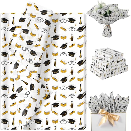 60 Sheets 2026 Graduation Tissue Paper Black Gold Graduate Caps Scrolls Book Glasses Wrapping Paper for 2026 Graduation Season Party Gift Wrap Supplies 13.8 x 19.7 Inch