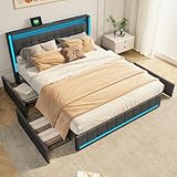 ZSSWSS Polsterbett doppelbett 160x200cm mit 4 schubladen,Jugendbett Stauraumbett,Multifunktionales Kopfteil mit LED und Ladestation,Erwachsenenbett bettgestell mit lattenrost,Dunkelgrau, Leinen
