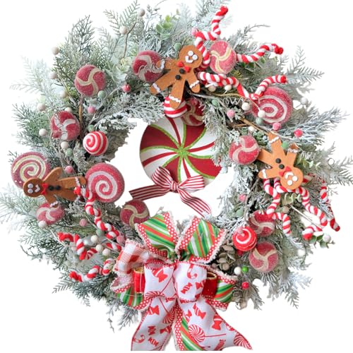 Egolot 24 Inch Winter Christmas Candy Cane Wreath for Front Door Christmas Red White Xmas Indoor Outdoor Candy Gingerbread Wreath Holiday Wreaths for Window Wall