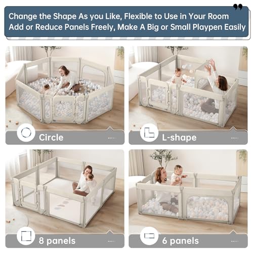 Image of Large Baby Playpen for Babies and Toddlers 79x71 Inch, Adjustable Foldable Indoor & Outdoor Play Pen for Toddlers Twins Baby Fence Play Yards with Breathable Mesh Anti-Fall Playpen,Khaki