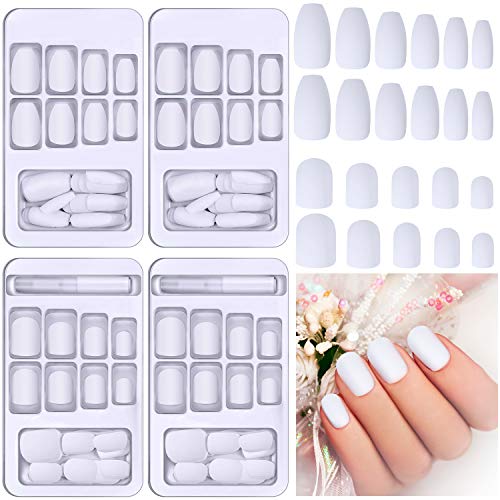96 Pieces White Matte Fake Nails Full Cover Medium Coffin False Nails White Short Artificial Nail Tips with Nail Glue and Nail Files for Women Girls Nail DIY Decorations