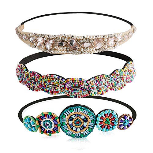 Women Headbands, Teenitor Rhinestone Beaded Elastic Headband for Women Girl Hair Accessories, Handmade vintage headbands Fits for Most, 3pcs