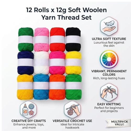 Image of 12 Multicolor Soft Wool Yarn Oon Balls for Knitting, Crochet & DIY Craft | Acrylic Knitting Thread for Hand Embroidery, Weaving, Sewing & Art Projects | Bright Assorted Colors