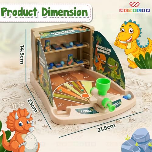 Image of Wembley Dinosaur Shooting Arcade Board Game for Kids | Dino Theme Pinball Marble Shooter Table Top Toy | Single Player Indoor Skill Activity Game | Birthday Gift Boys Girls Age 5 6 7 8 9 10 11 Years