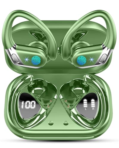 Image of Matast Wireless Earbuds, Bluetooth 5.4 Headphones Sport, 75H Deep Bass Sound Over Ear Buds with 4 ENC Noise Cancelling Mic, Dual LED Display, IP7 Waterproof Earphones with Earhook for Workout, Green